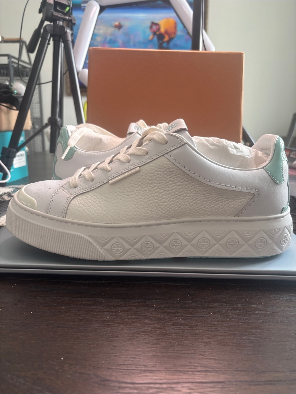Tory Burch White Leather Platform Sneakers with Mint Heel Tab